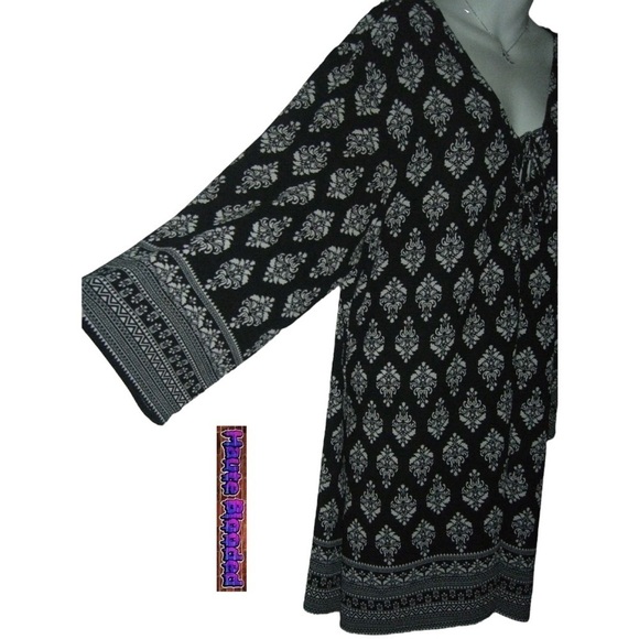 Pacific Beach Bohemian Shirt Dress Black & White Boho Print Tie Neck Plus Sz 3X - Picture 4 of 13